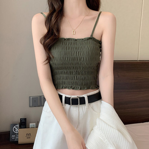 Beautiful back ice silk pleated suspender vest top with adjustable base and adjustable strap Korean version short style with chest pad wrapped underwear