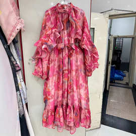 2025春夏新款圆领复古印花木耳边宽松跨境长裙连衣裙配腰带休闲