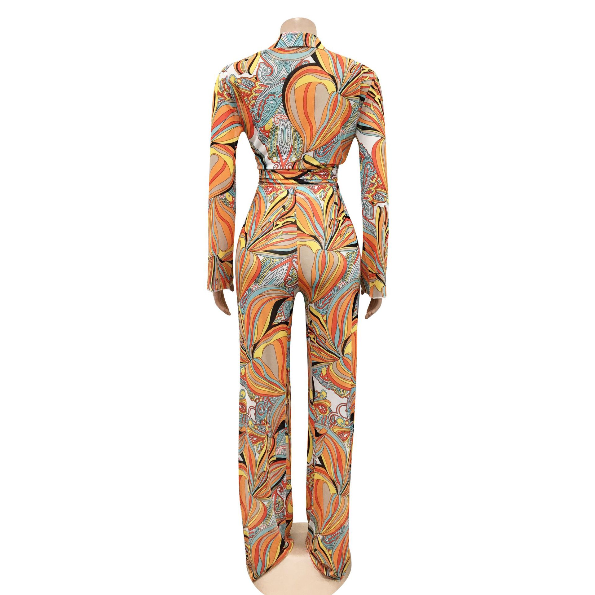 Sexy Mesh See-through Printed Long Sleeve Three-Piece Suit Women Clothing