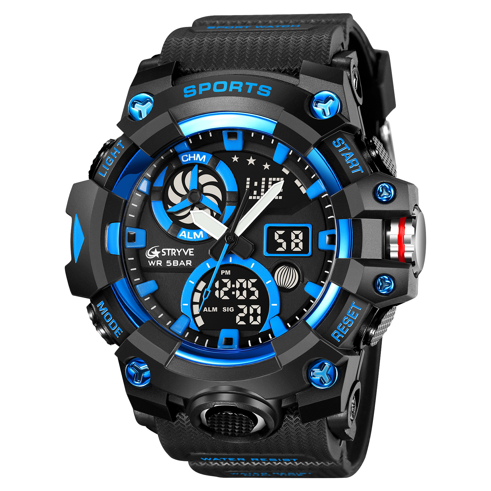 Nuevos hombres deportes reloj electrónico stryve 8027 doble pantalla luminosa tiempo alarma reloj cronómetro pantalla digital Reloj de pulsera