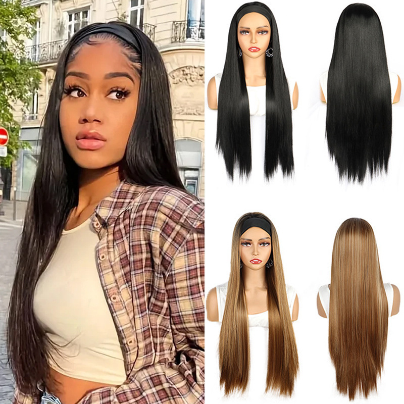 Wig Female Half-Headgear Long Straight Hair Elegant Natural Seamless Artificial Hair Black Long Straight Hat Full-Headgear