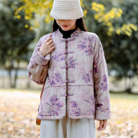 斜纹麻印花棉衣 2025冬季新款 新中式盘扣保暖休闲立领宽松外套女