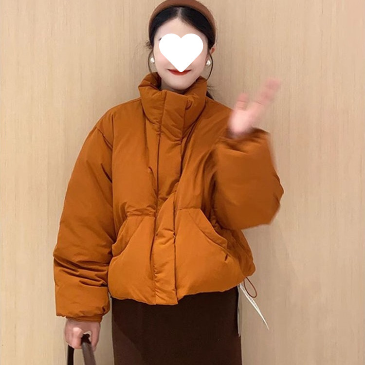 韩系橘色短款加绒加厚羽绒棉服女2025冬季新款保暖面包服外套|undefined