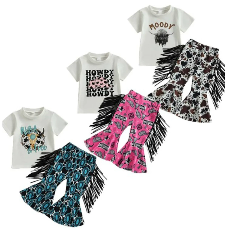 (Cross-border trading), summer T-shirt with letters with tassels, flared trousers, children's clothing