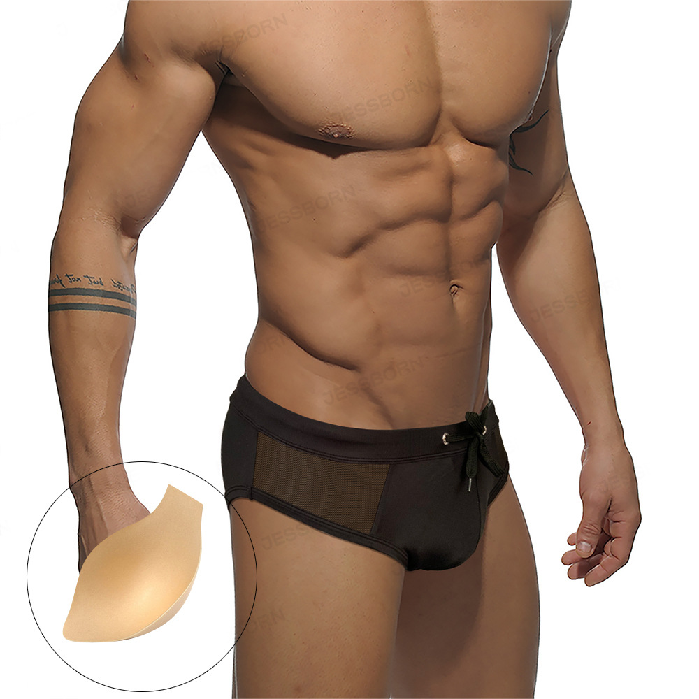 JESSBORN Men's Solid Color Triangle Swim Trunks Side Mesh Hollow Fashion Hot Spring Pants Cup Fit Sexy Swimsuit