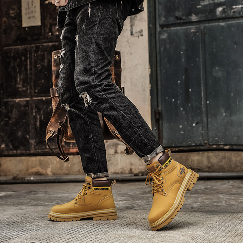 Men's New Winter Motorbike High Street Thick Sole High Top Personality Workwear Retro American Yellow Boot