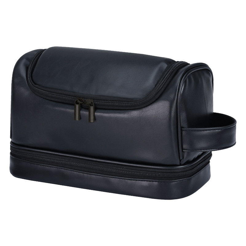 Bolso de almacenamiento de cosméticos de cuero simple de negocios para hombres portátil, bolsa de lavado de viaje con gancho, bolsa de cosméticos portátil