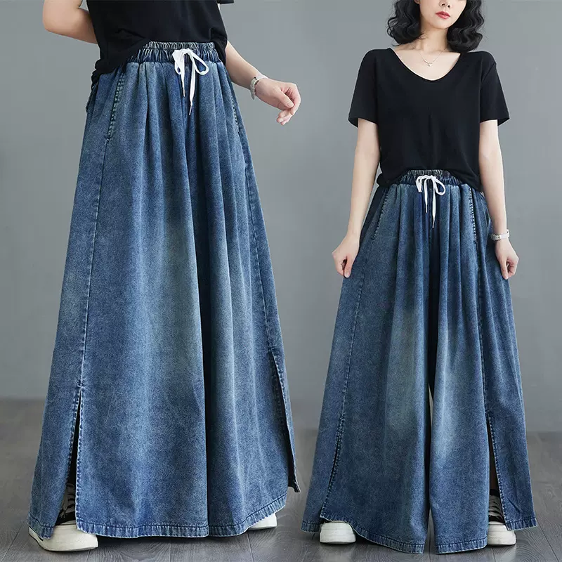 现货阔腿牛仔裤女2024新款文艺简约开叉休闲裤高腰直筒阔脚裤长…