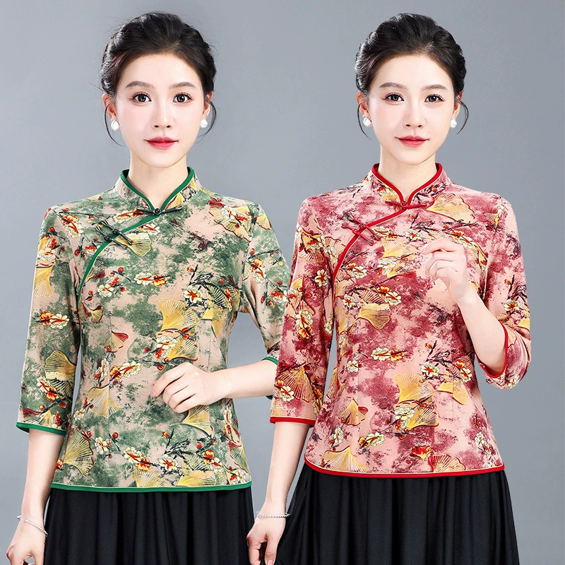 Летняя футболка Mom's в китайском стиле с рукавами три четверти, топ Cheongsam для среднего и пожилого возраста, этническая ретро-рубашка на пуговицах, рубашка в западном стиле, китайский стиль.