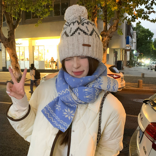 Aesthetic Snowflake Double-Sided Knitted Scarf for Women - Winter New Arrival Korean Style Advanced Feel Thick Warm Scarf for Cold Wave Protection