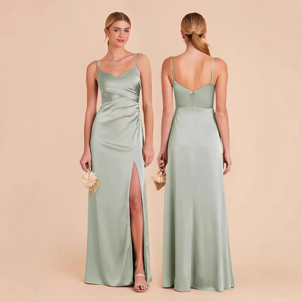 El nuevo vestido de dama de honor simple, el vestido de diseño colgante, generalmente puede usar un vestido de grupo hermano delgado verde de nicho, verano