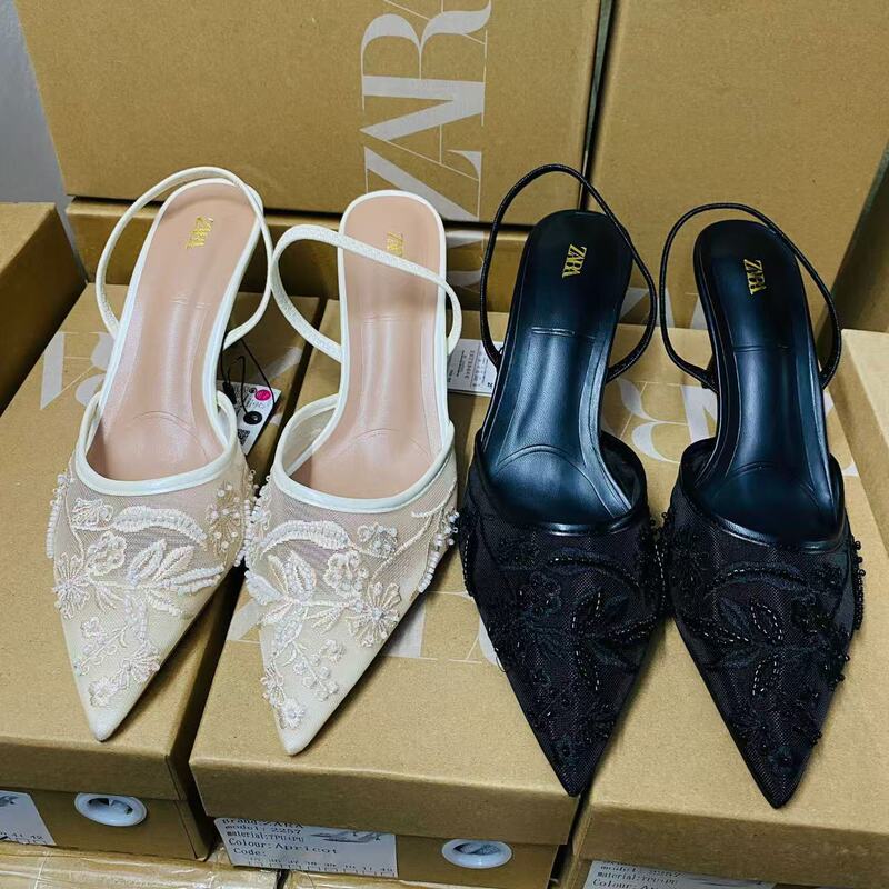 Za Manufacturer Export Mesh Chinese Style Pointed Toe High-Heeled Women's Shoes Pearl High-Grade Hemp Gray Shallow Mouth Back Strap Women's Sandals