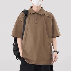 2025 メイラードレトロクールポロシャツメンズヘビーウェイト半袖夏ルーズトレンディブランドラペル Tシャツトップス男性用
