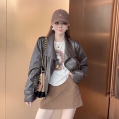 22635复古港式短款立领皮衣外套女2025新款气质显瘦时髦夹克上衣