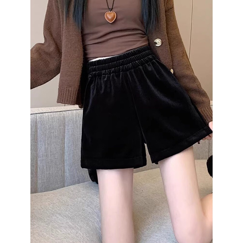 Belted Waist Pocket Velvet Shorts Women's Autumn and Winter New Casual Elastomer High Waist Slimming Wide Leg A- Shaped Base Boots Pants
