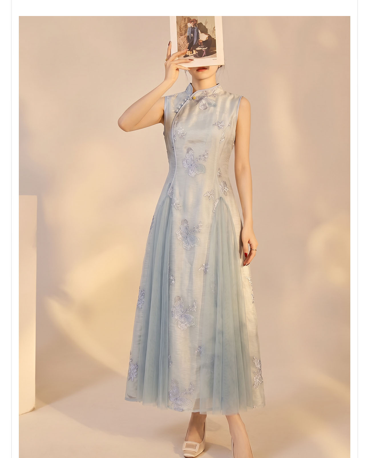 Váy dài không tay nữ tính dáng maxi — màu xanh nhạt chi tiết 10