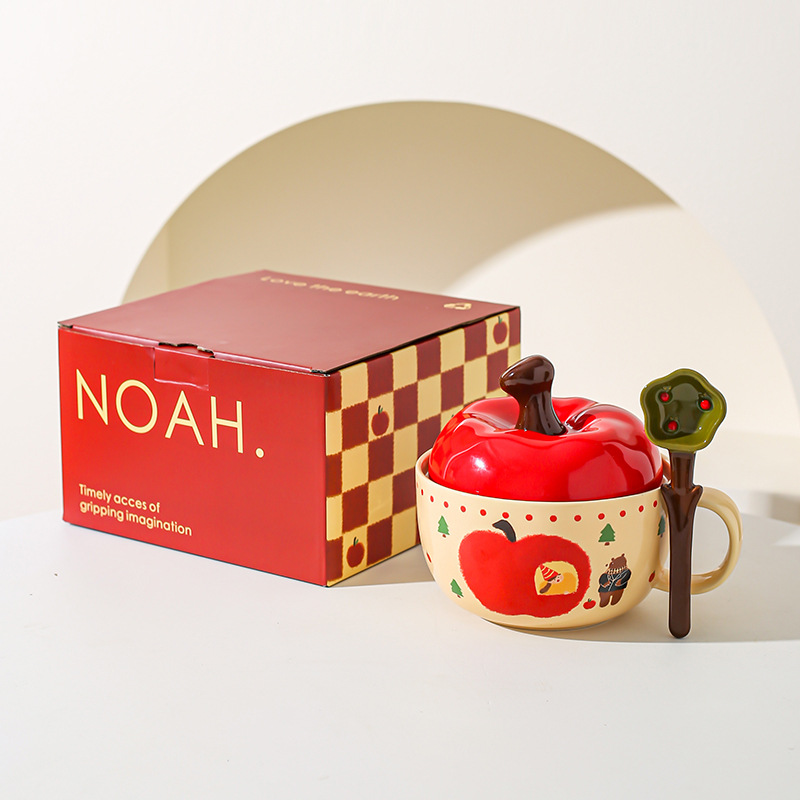 Tazón de cerámica de manzana creativo de alto valor de cara con cuchara de cubierta roja, tazón de fideos, regalo de Navidad para chicas.