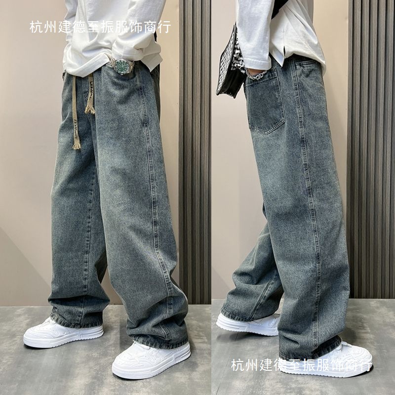Trendy Men's Summer Casual Versatile Straight-Leg Jeans American-Style Wide-Leg High Street Pants Wholesale
