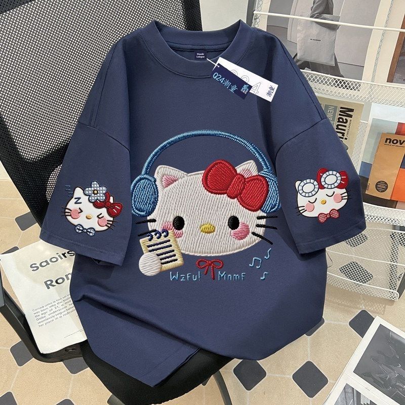 Hello Kitty Girls' Pure Cotton Short-Sleeve T-Shirt, Summer 2026 New Style, Stylish Loose Short-Sleeve Top for Medium and Large Children