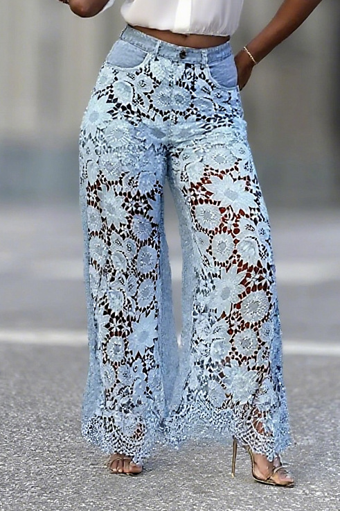 Women's Lace-Insert Distressed Jeans | Bohemian Embroidered Denim Pants With Cutout Details | Trendy Streetwear Fashion (Blue, S-3XL)_mkmklike.com