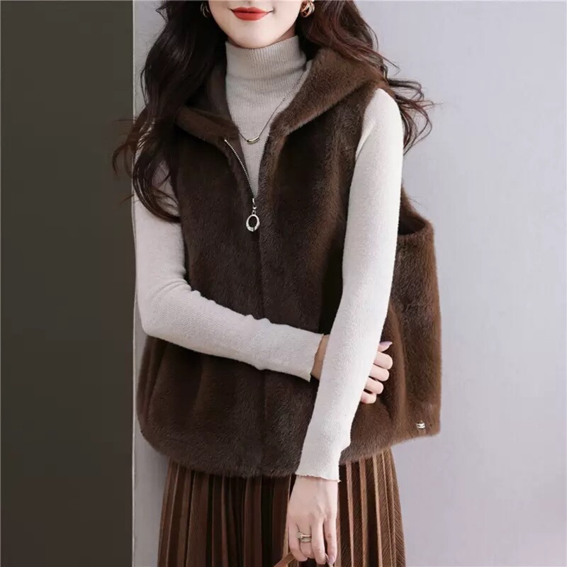 Imitation Mink Fur Vest for Women Chic Winter Fashion Hong Kong Style Hooded Versatile Casual Loose Vest Jacket