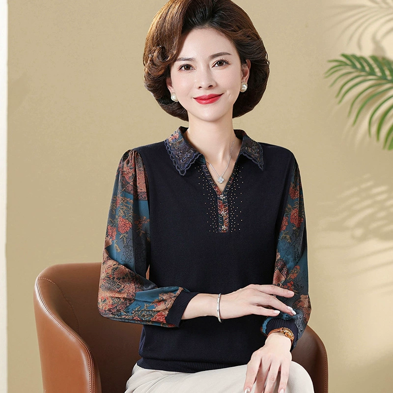 Маминые весенне-осенние футболки с длинными рукавами, женские рубашки среднего возраста, 50-60 лет, осенние рубашки и топы среднего и пожилого возраста.