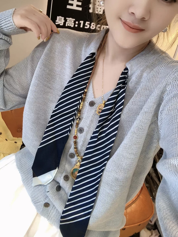 欧货设计感丝巾V领冰丝针织衫女夏装新款休闲洋气长袖防晒上衣潮|undefined