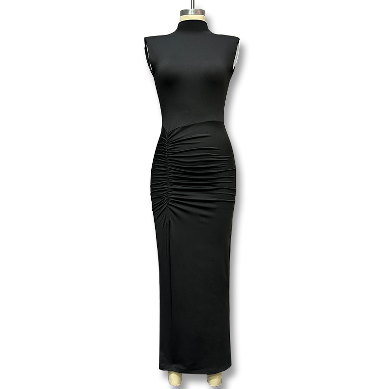 AliExpress deseo Comercio exterior transfronterizo 2023 Otoño e Invierno Nuevo medio cuello alto sin mangas cintura plisada vestido de longitud dividida image 5