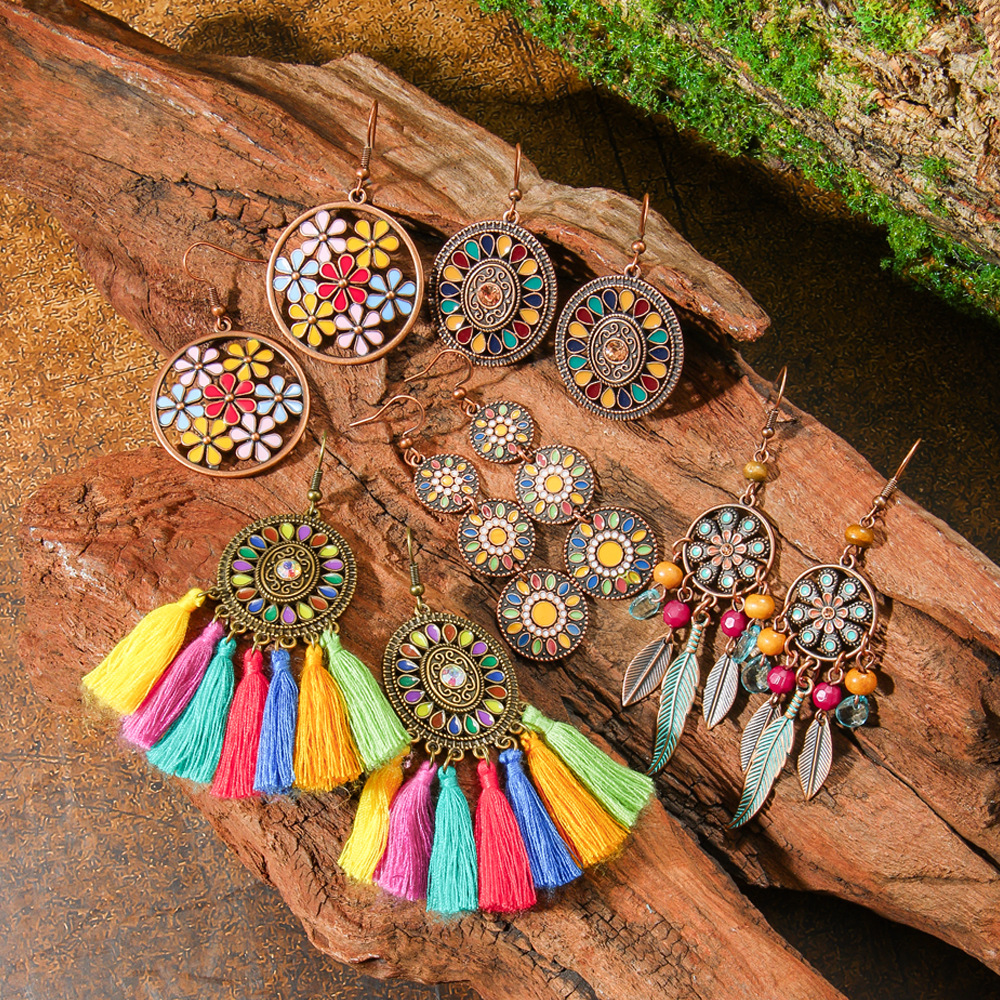 14g Weight Alloy Ear Needle Material Drop Earrings Classification 1 Pair Quantity Holiday, Street Occasion Zinc alloy Material Geometric Pattern All Seasons Season Women's Gender Polished Finish Ethnic Style, Bohemian Style 1 Pair Ethnic Style Bohemian Geometric Zinc Alloy Drop Earrings 12