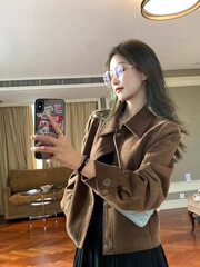 美拉德麂皮绒外套女短款2025春秋新款复古宽松小个子薄款夹克上衣