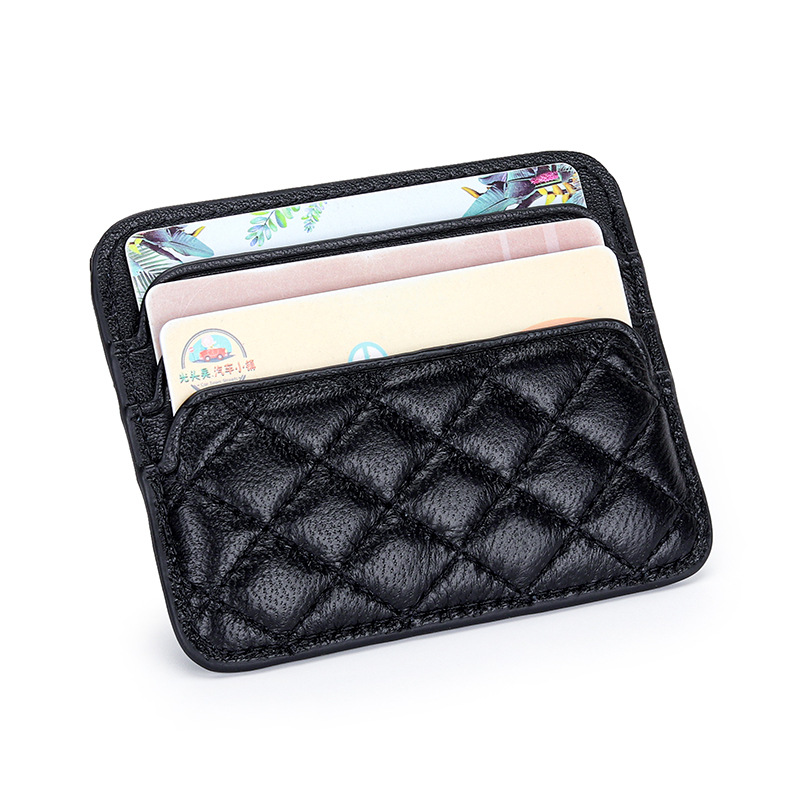 Genuine Sheepskin Leather Card Holder For Women, Slim Compact Diamond Quilted Wallet For Bank Cards, Driver's License And Coins - Thumbnail 3