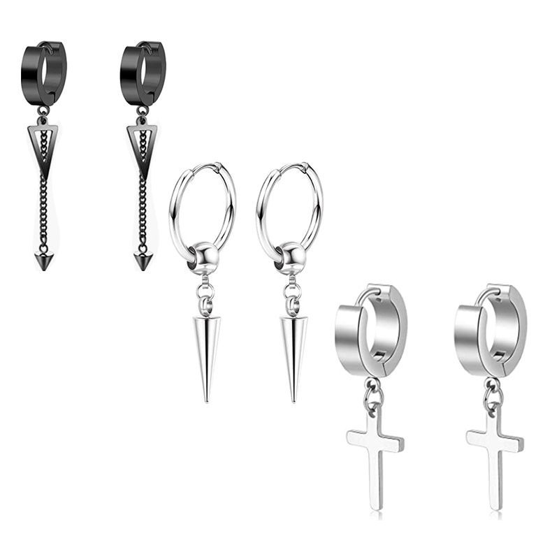 Black Men's Ear Clip Ear Stud Earrings Set 3 Pair Stainless Steel Fashion Jewelry detail image 13