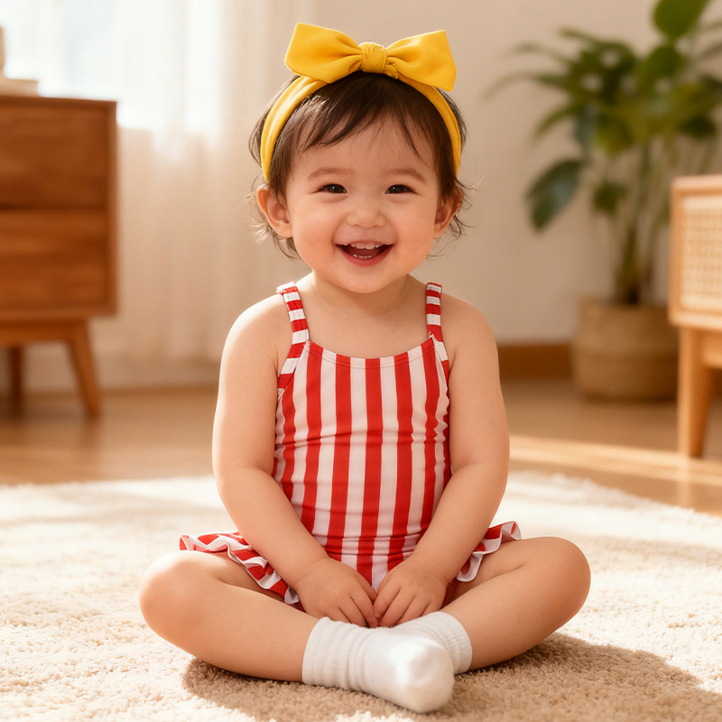 Niedlicher, gestreifter Badeanzug für Kleinkinder mit Schulterträgern für Mädchen und Jungen_voghion.com