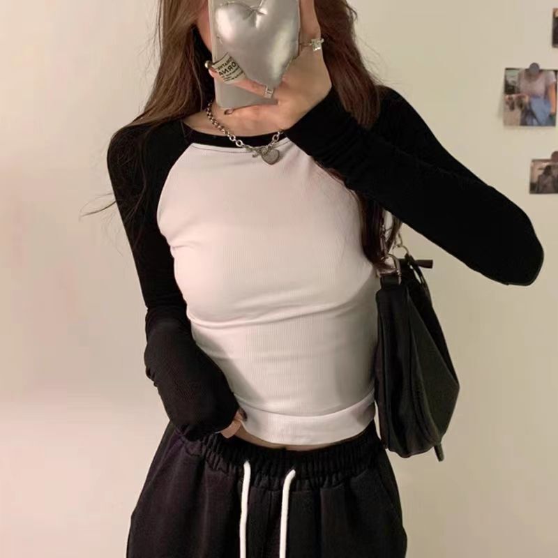 Threaded American Style Hot Girl Style Raslan Long-sleeved T-shirt Women's Spring and Autumn Pure Cotton Slim-fit Slimming High Waist Contrast Color Inner Top