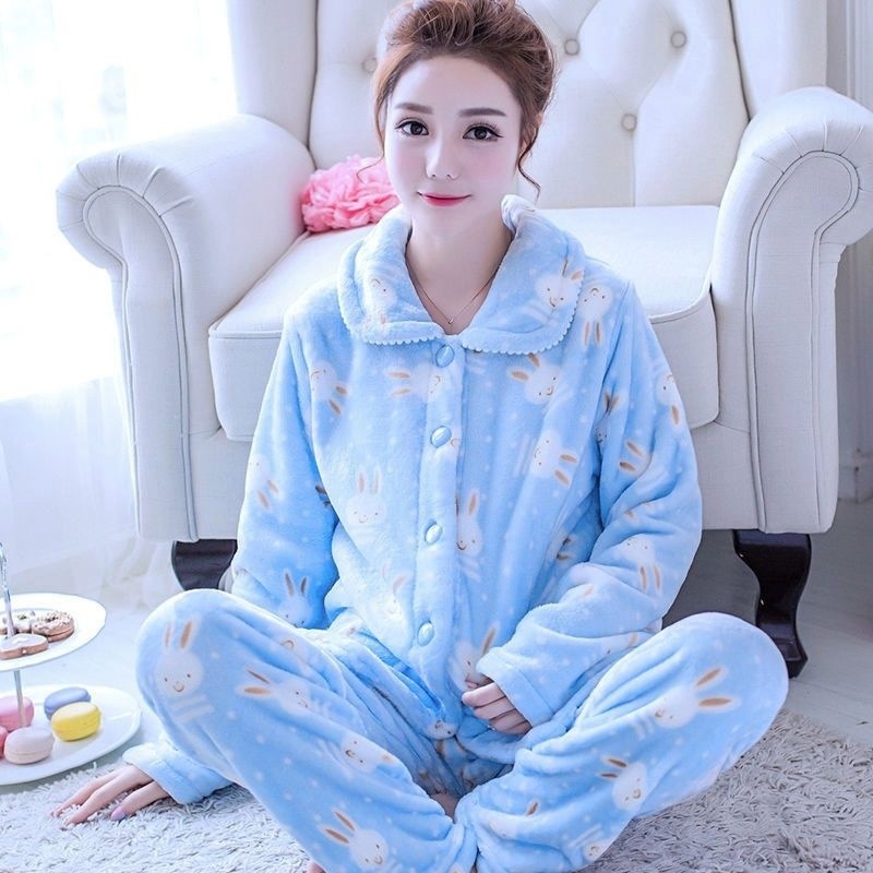 가을과 겨울 두꺼워진 플러스 벨벳 레이디스 플란넬 파자마 긴팔 양면 벨벳 모성 드레스 플러스 사이즈 산호 플리스 슈트