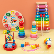 儿童木质八音敲琴穿线时钟彩虹拼图塔四套形状扭扭益智玩具批发