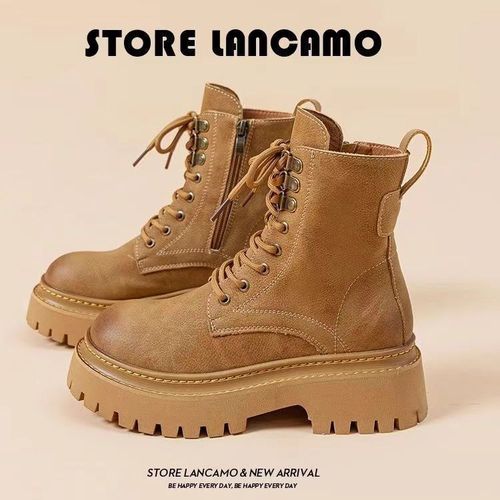 Women's Fleece Lined Martens 2024 Spring and Autumn New Brown Height Increasing Work Western Cowboy Boots with Thick Soles Hot Sale Winter