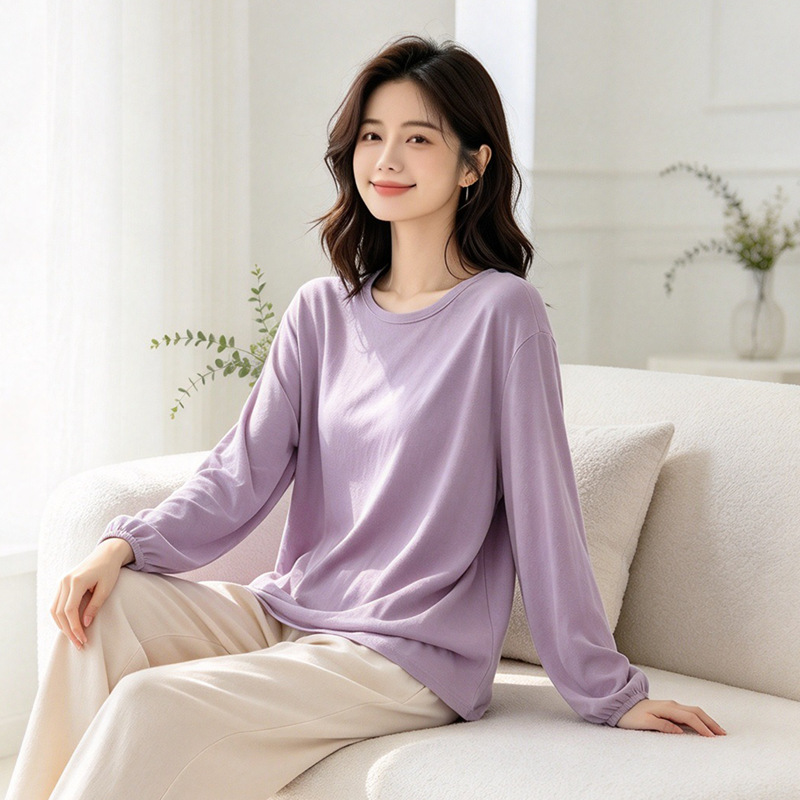 女棉杯罩一体加肥大码宽松舒适裸感防走光可外穿家居长袖上衣