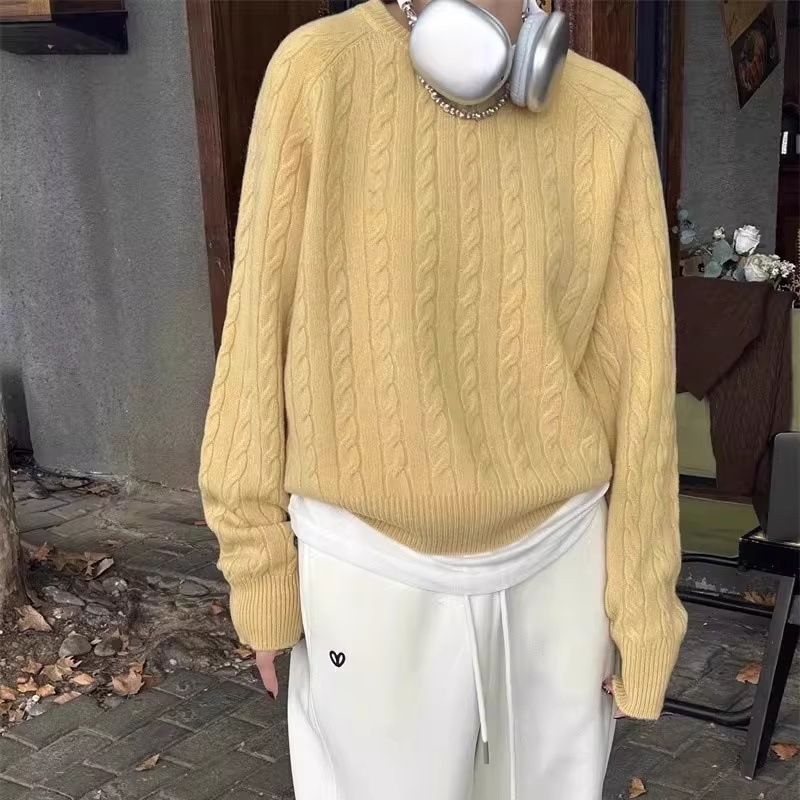 秋冬新款慵懒风保暖麻花毛衣女刺绣宽松百搭休闲圆领纯色针织衫|undefined