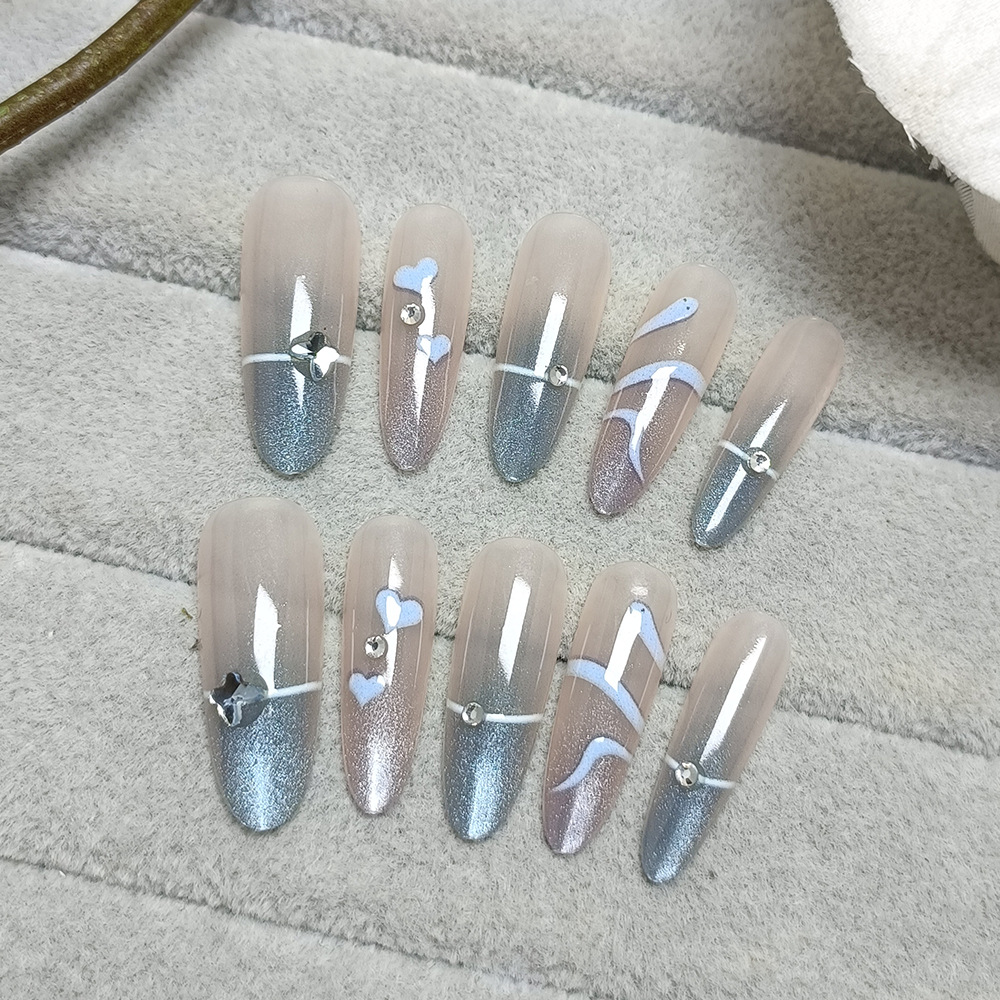 Coolsa delicado ojo de gato para usar uñas azules en polvo de color gradiente de serpiente oval 10 piezas de uñas falsas largas.