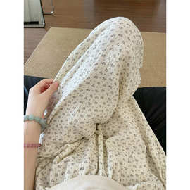 韩版软糯碎花大码棉纱睡裤女夏季宽松遛弯裤高腰休闲家居裤可外穿