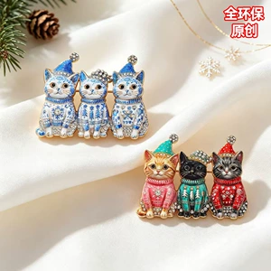 Christmas sweater kitten brooch, alloy enamel with rhinestones, cat and calico cat design, suit pin, holiday accessory