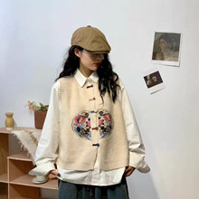V领盘扣开襟女式无袖上衣马甲色织文艺复古中国风女式小众针织衫