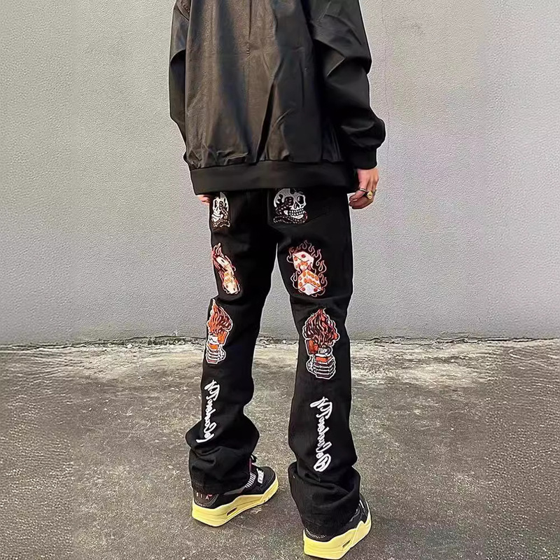 American-style high street vibe style flame skull embroidery denim pants men's straight bell-bottom pants fried street handsome pants
