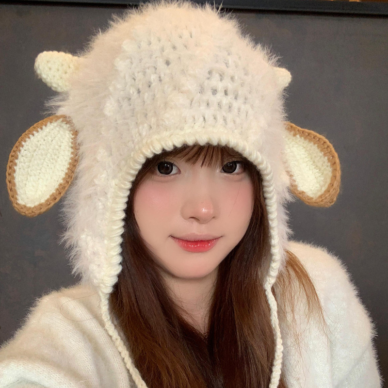 张艺兴同甜美可爱小羊耳朵针织毛绒帽女秋冬护耳显脸小雷锋帽子|undefined