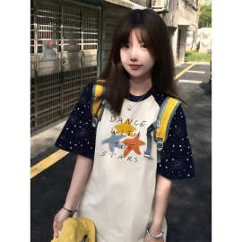 美式巨好看拼色星星印花插肩短袖T恤女夏季初高中生宽松百搭上衣
