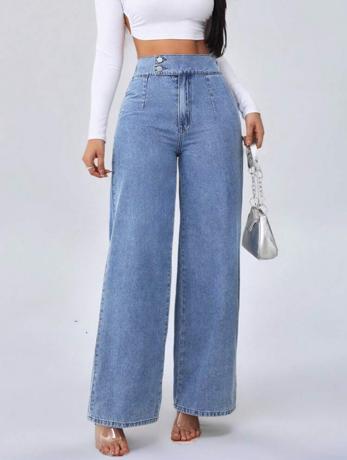Högmidjade jeans med raka ben för damer med dubbla knappar_voghion.com