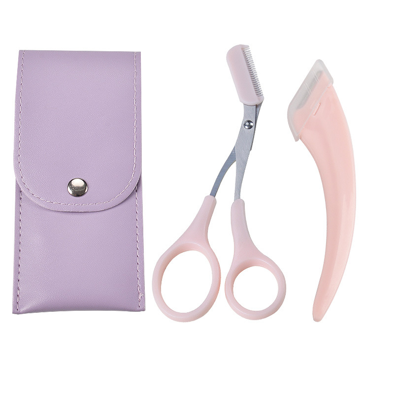 핑크 눈썹 칼 + 눈썹 가위 + 가죽 케이스