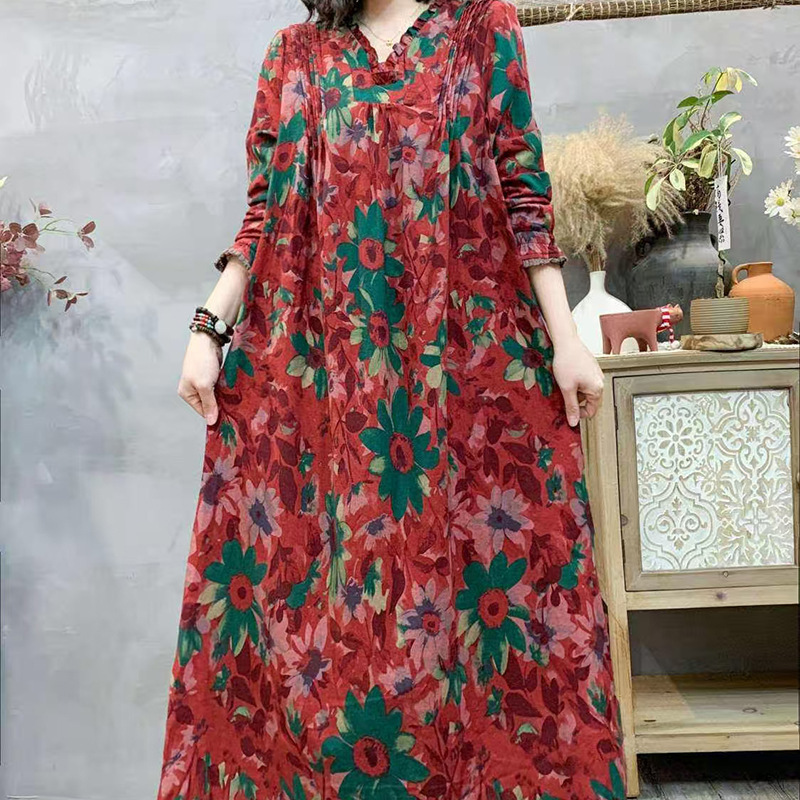 Spring 2025 plus size Digital Printed Women's Long Dress V-Neck Lace Cotton Linen Women's Artistic Long dress