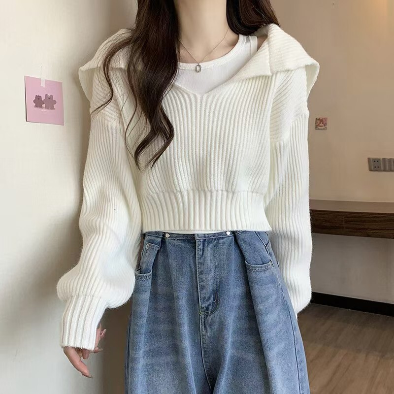 韩版纯色海军领毛上衣女韩系宽松慵懒风简约外穿套头短款针织套装|undefined